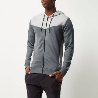 Grey colour block zip hoodie